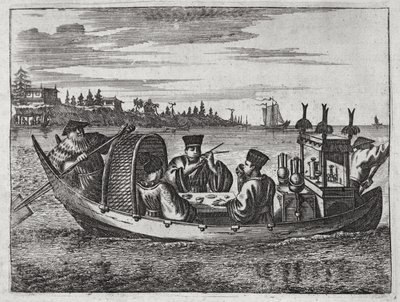 En rik mandarin att äta i en båt, illustration från en beskrivning av ambassader till Kina, 1690 av English School